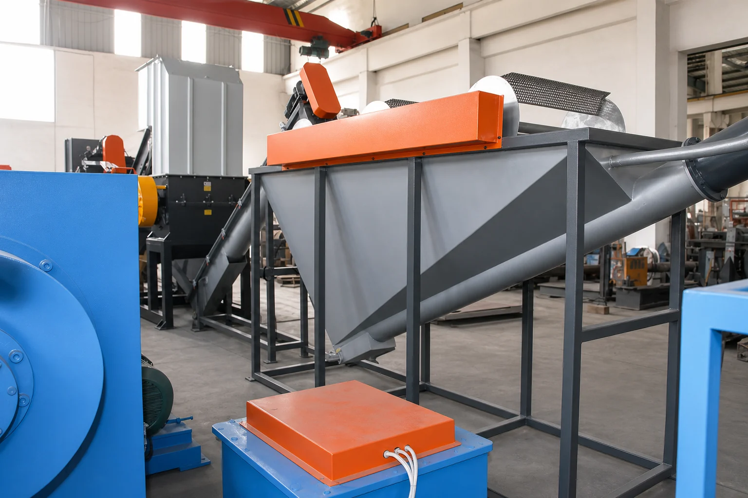 PET bottle washing line with tanks screw conveyors and dryer arranged in process order at BKL-MACHINE