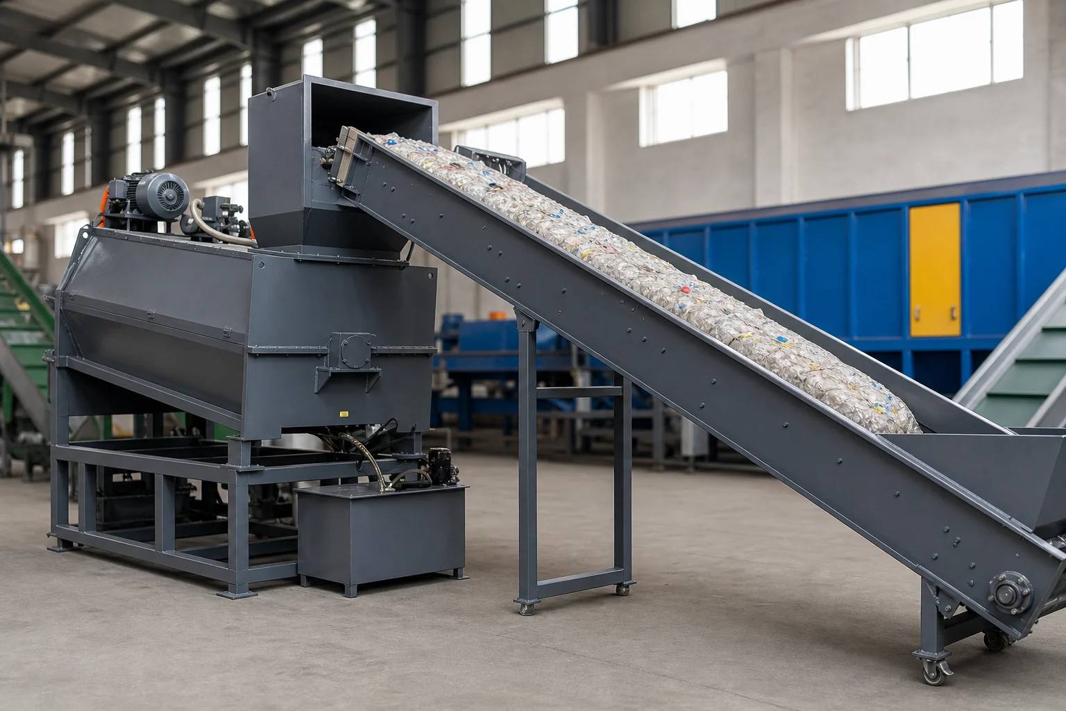 Bale breaker and infeed conveyor opening baled PET bottles at the front of the line at BKL-MACHINE