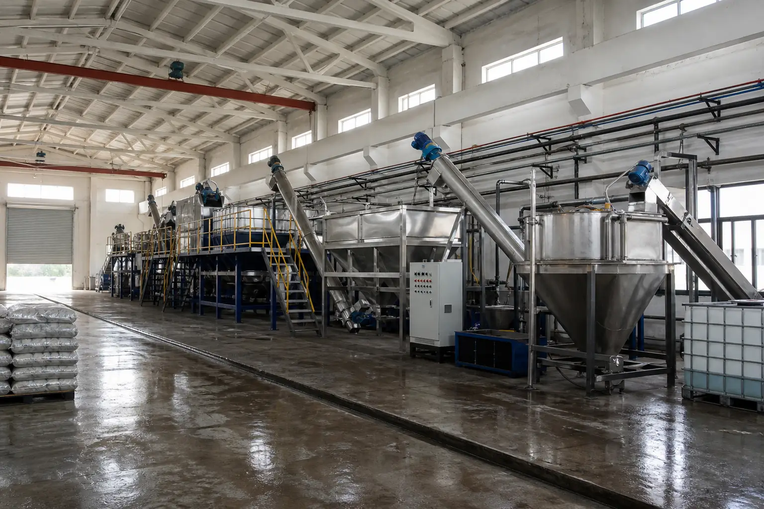 Washing line installed in a customer building with drainage and clear height around the tanks