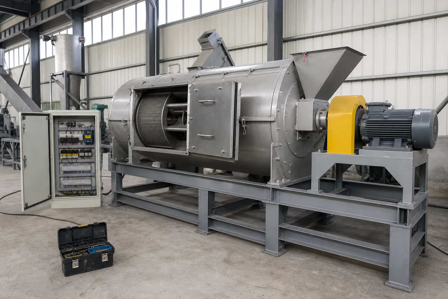 Centrifugal dryer discharging flake during commissioning of a new recycling line by BKL-MACHINE