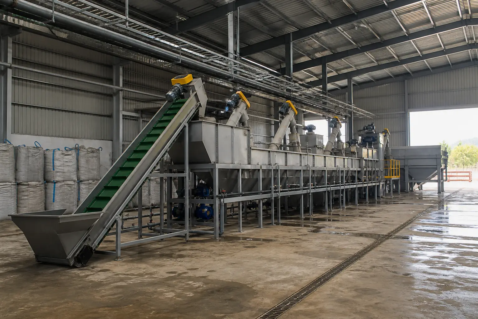 Complete washing line installed and running in a customer building with big bags at the outfeed