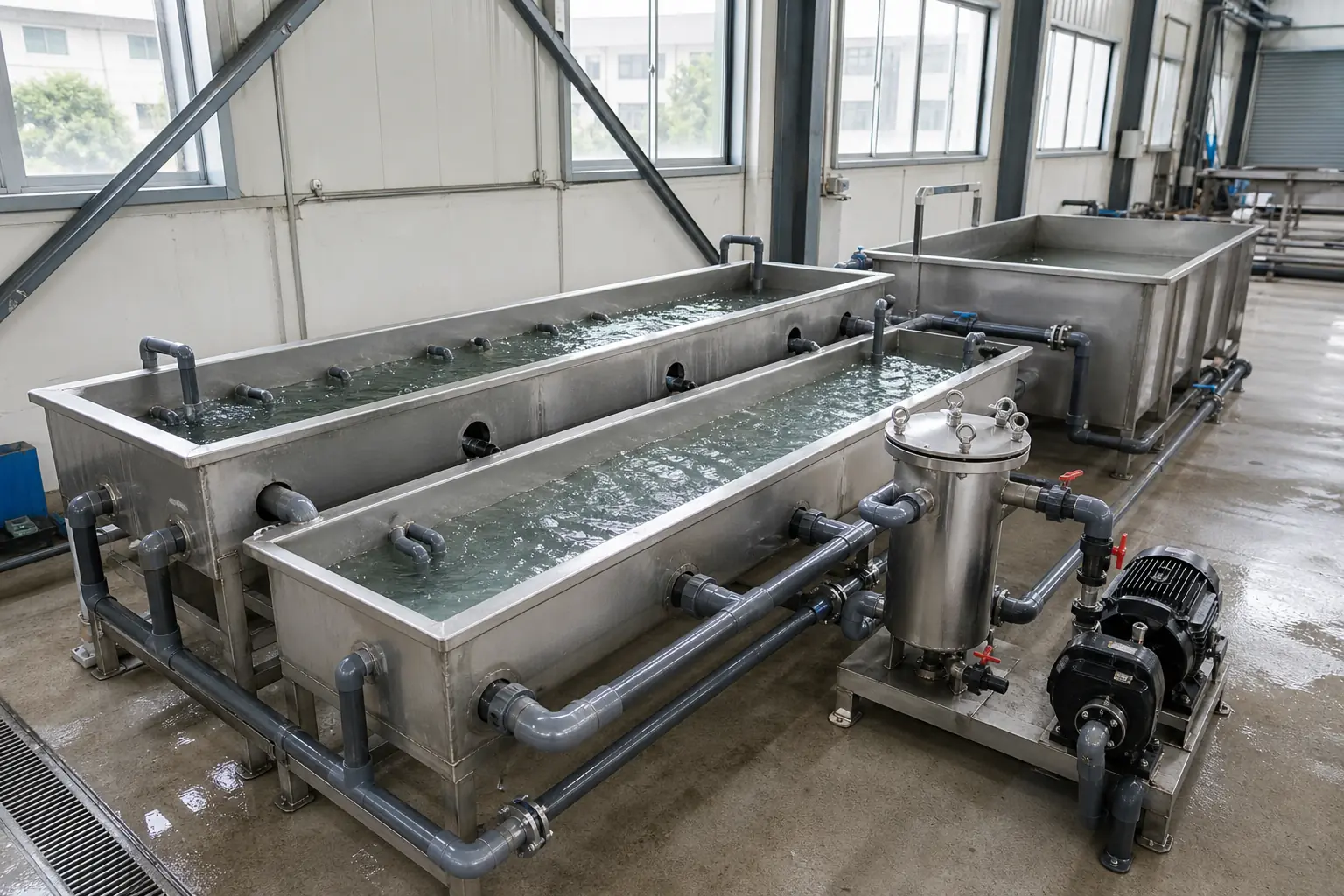 Row of open wash and sink-float tanks forming the water circuit of a recycling line at BKL-MACHINE