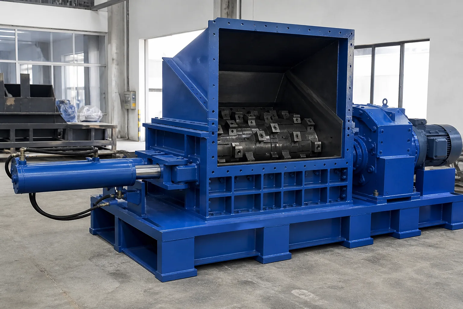 Single shaft plastic shredder with hydraulic pusher forcing bulky waste onto the rotor at BKL-MACHINE