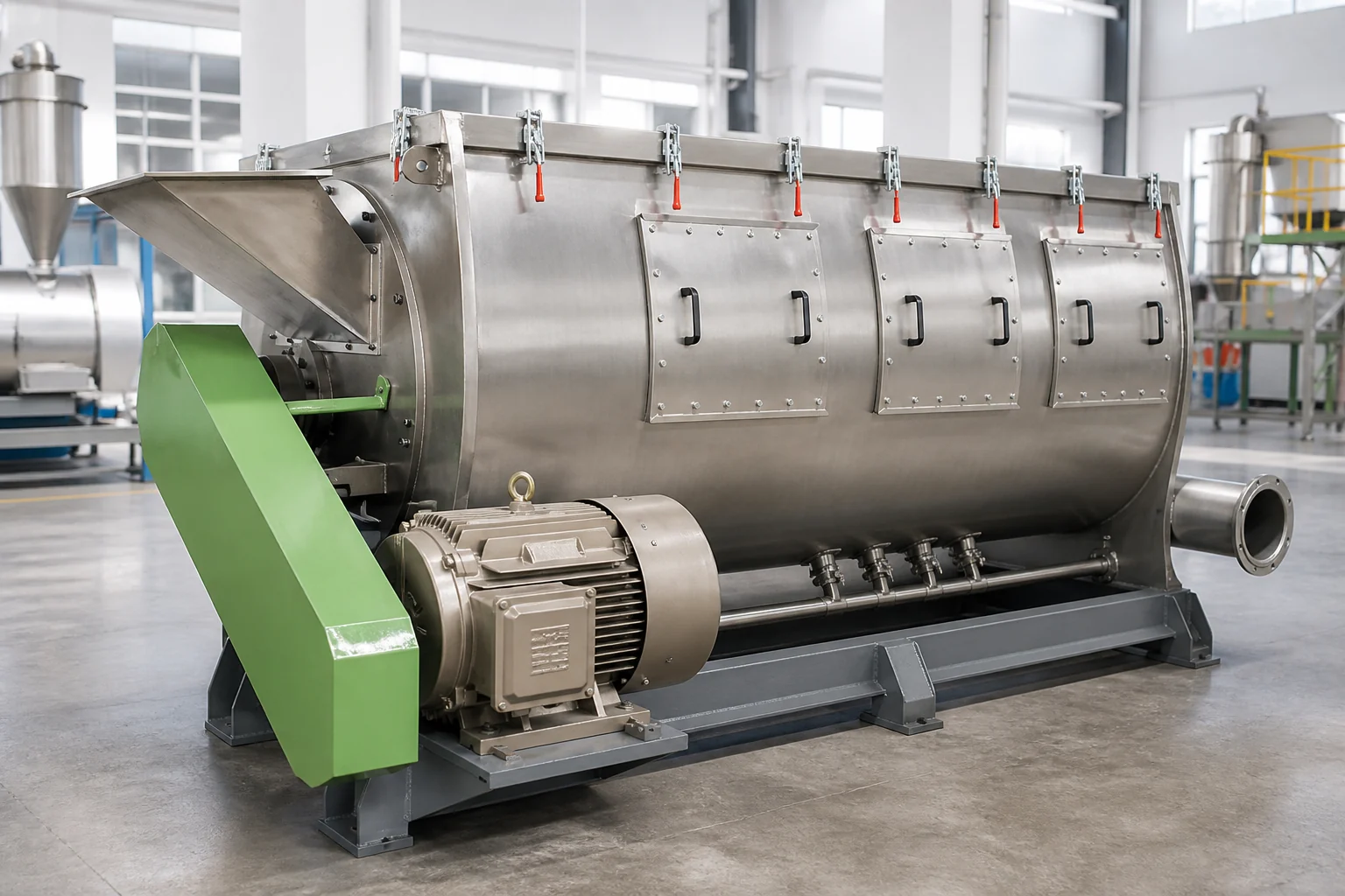 Horizontal centrifugal dryer with inlet and outlet ports on a rigid plastic line by BKL-MACHINE