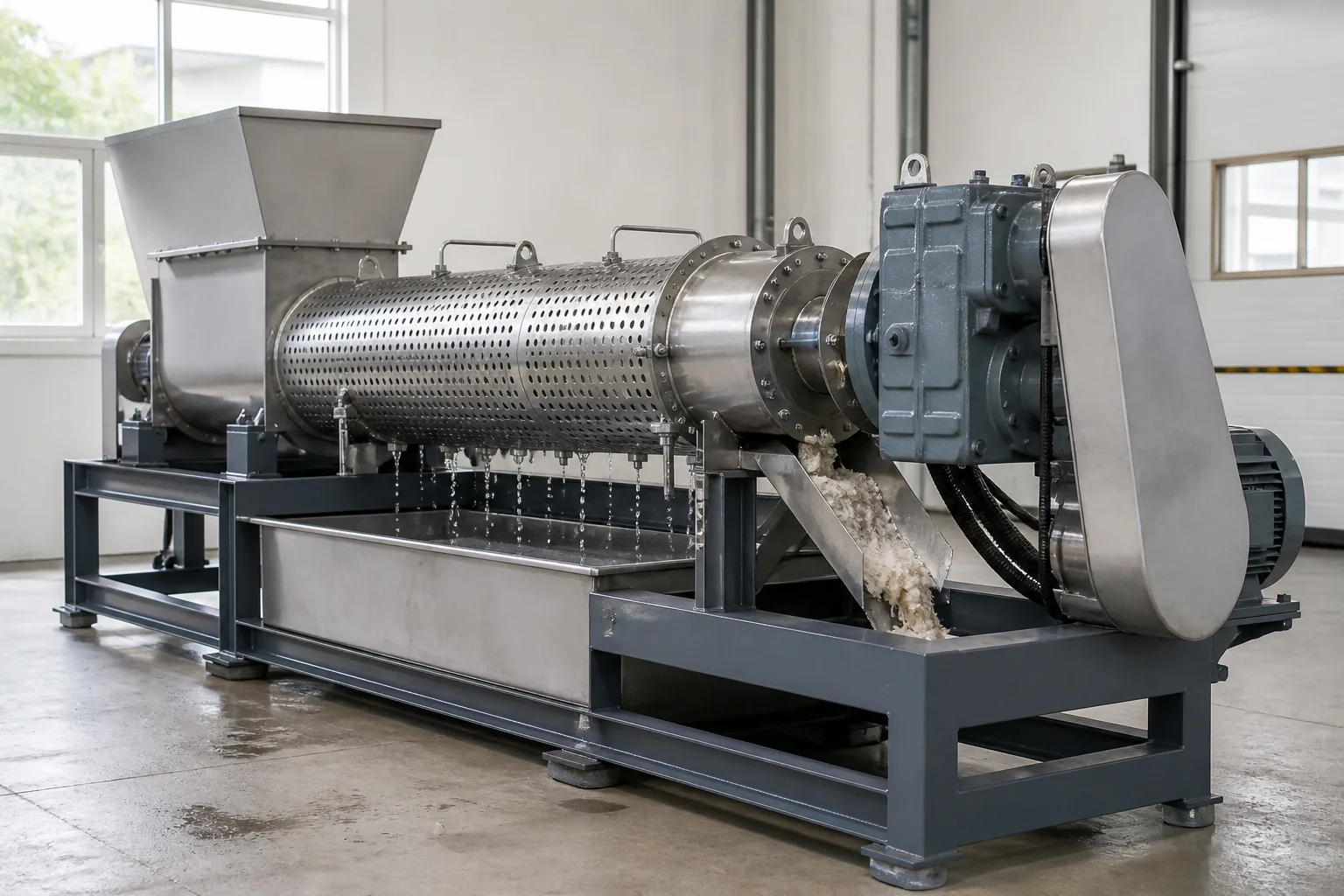 JG plastic squeezer pressing water out of washed film before the pelletizer at BKL-MACHINE