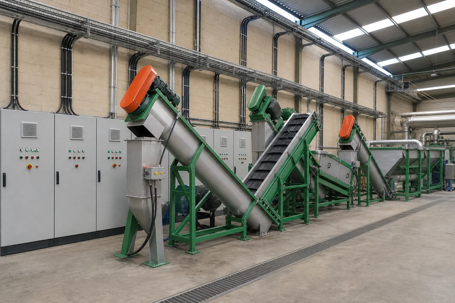 Belt conveyors screw loaders and a control cabinet linking machines into one recycling line
