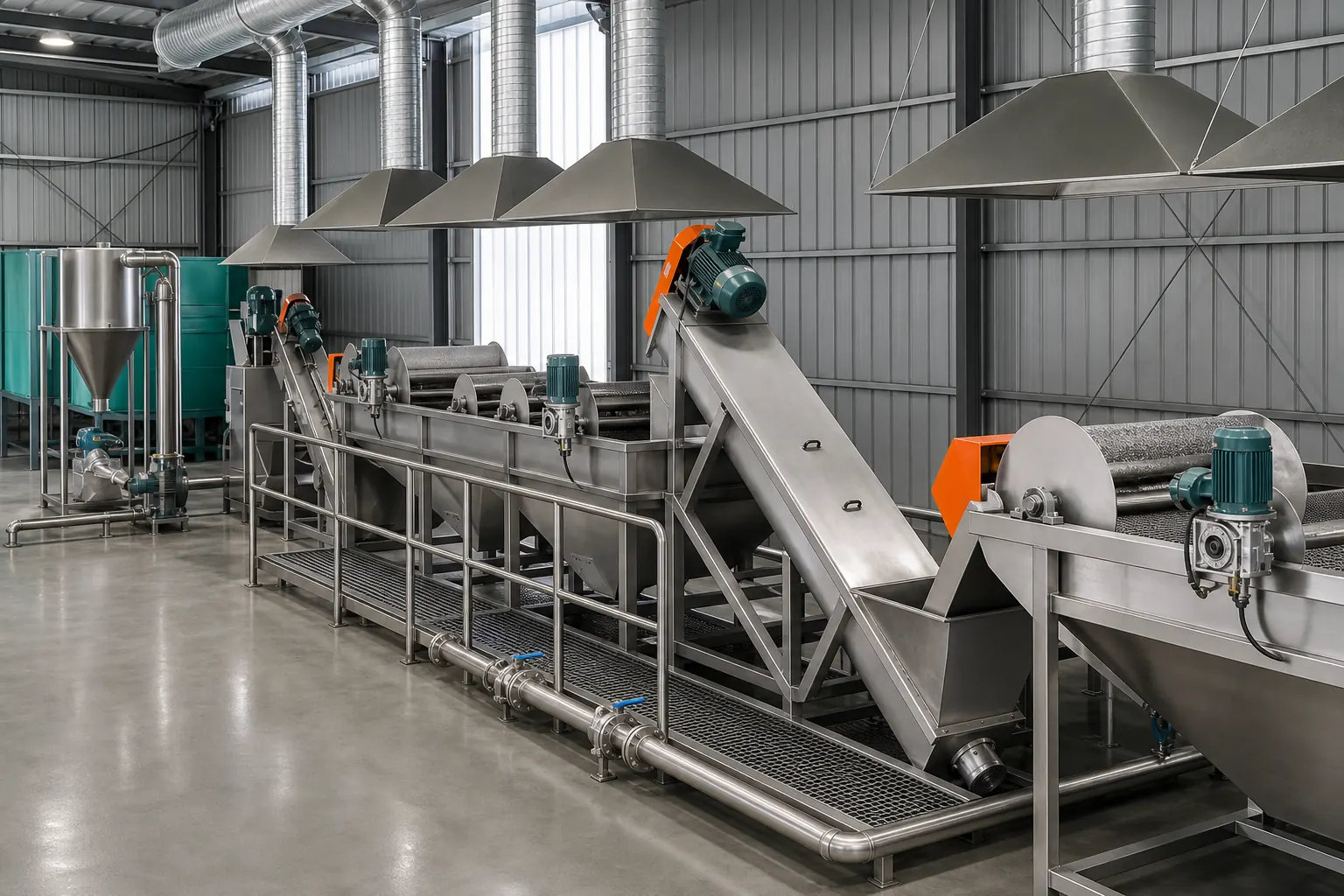 Screw conveyors platforms and water piping tying washing line machines together at a customer plant