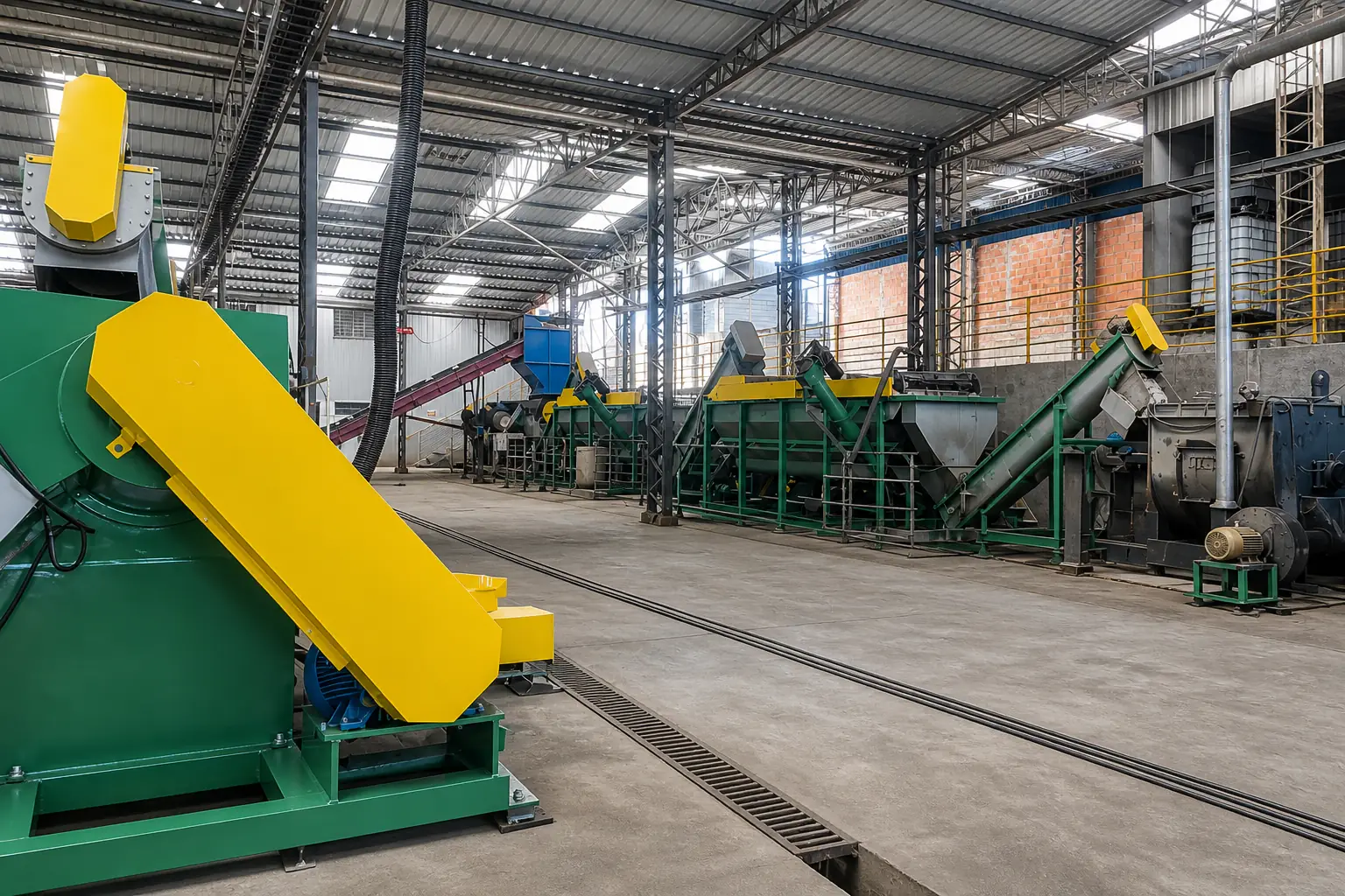 Plastic recycling line being installed and levelled on a customer factory floor