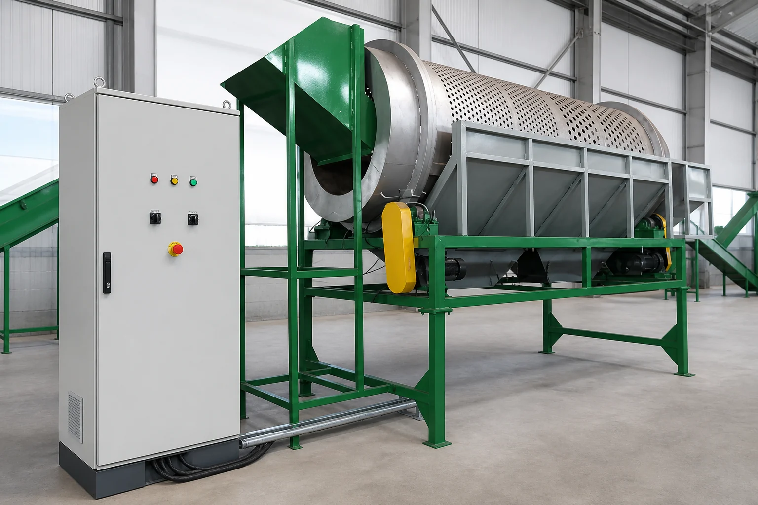 Inverter control cabinet on a recycling line where running load is set below installed power
