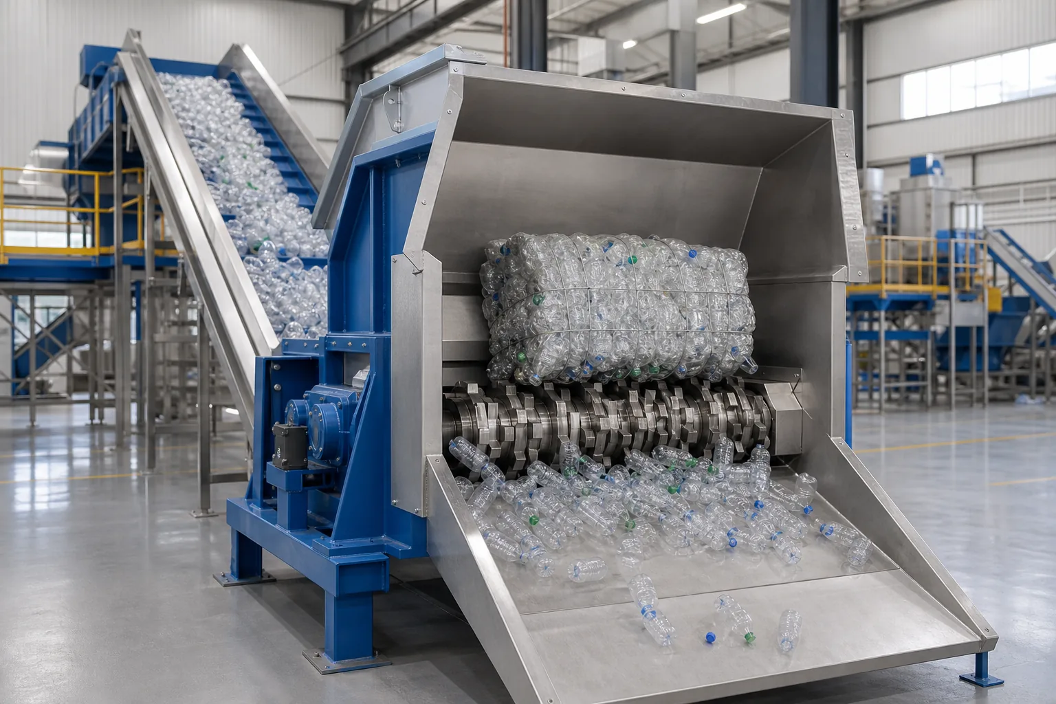 Bale breaker loosening a compressed bale at the head of a PET washing line by BKL-MACHINE