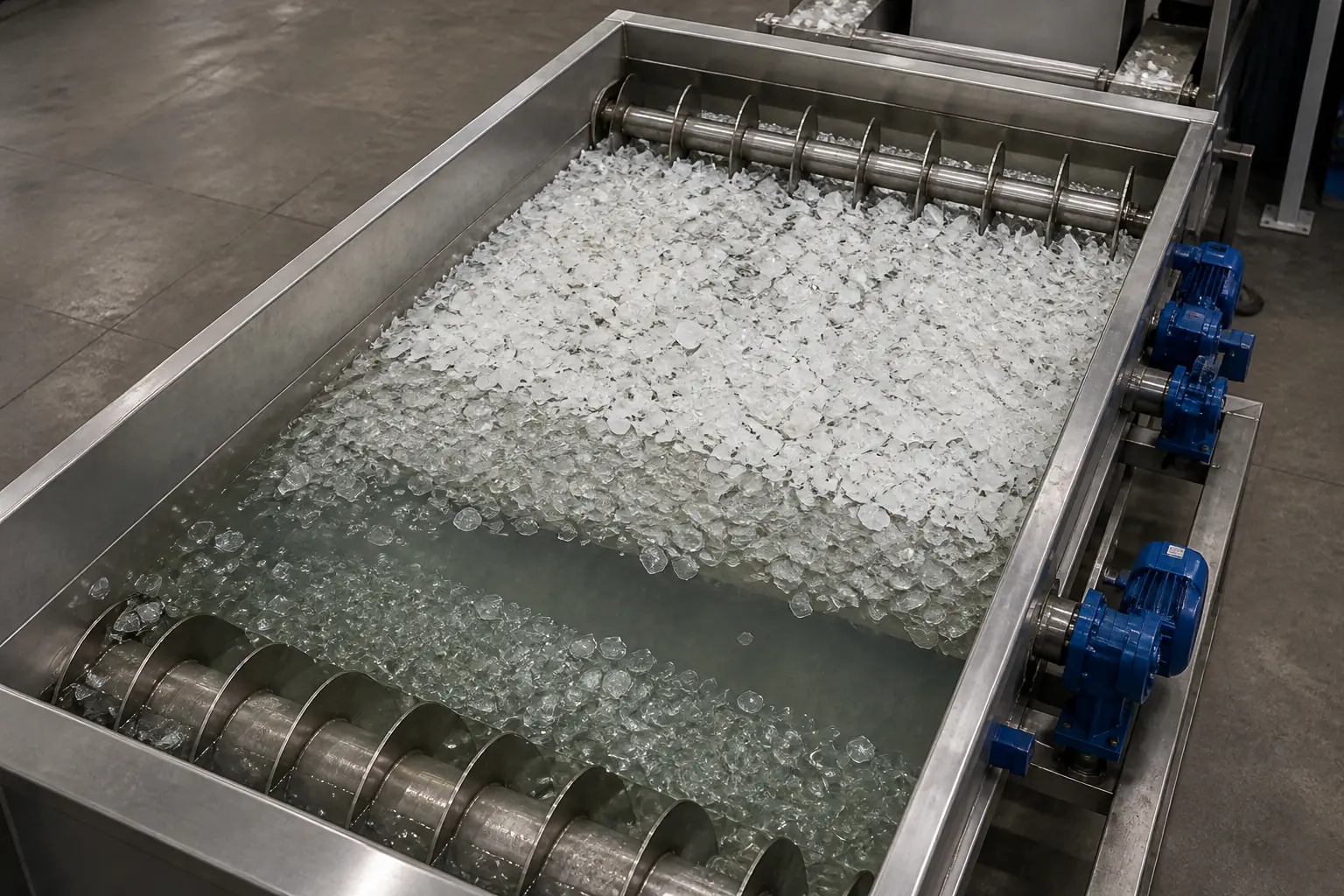 Sink float separation tank with floating polymer skimmed off the surface and sinking flake collected below at BKL-MACHINE