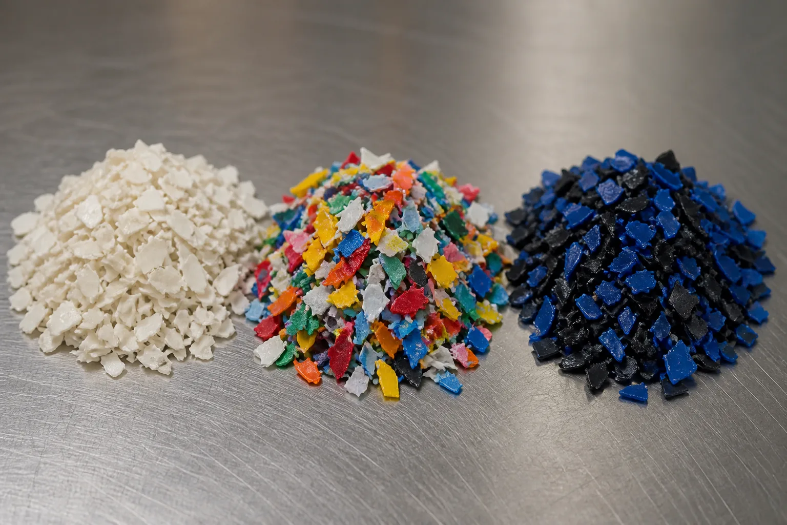 Recycled HDPE regrind flake in natural blue black and mixed colour poured out for grading at BKL-MACHINE