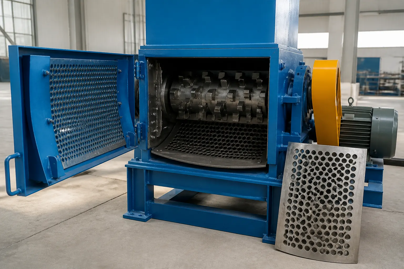 Plastic crusher with its screen removed showing where flake size is set by BKL-MACHINE