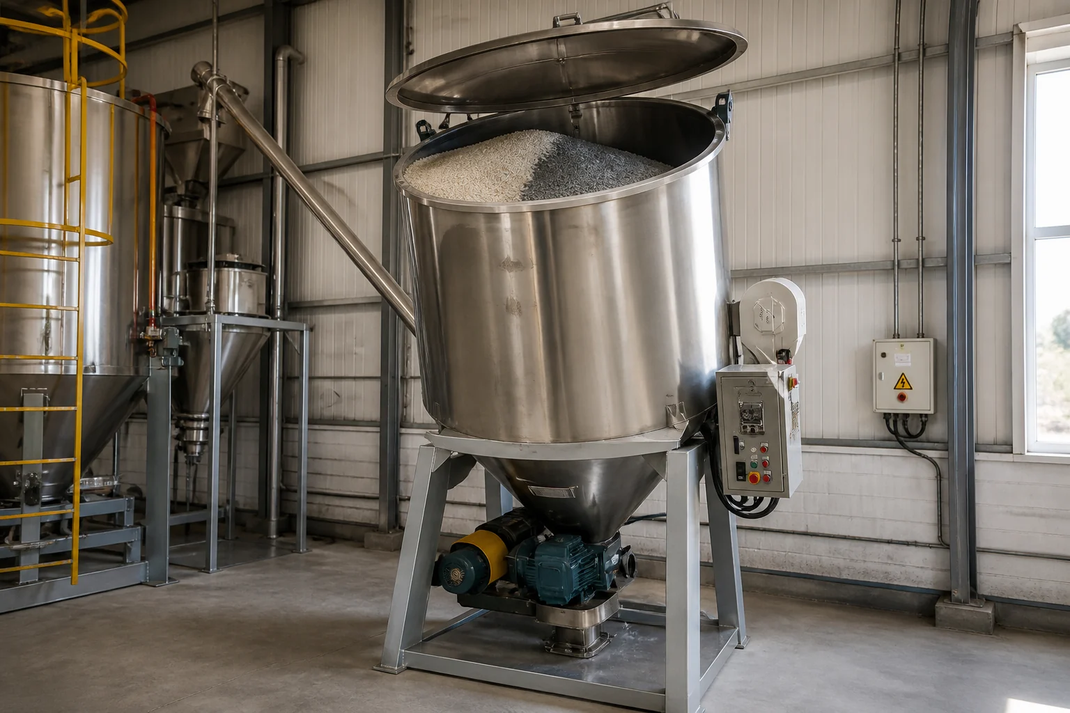Recycled pellets being blended in a stainless steel mixer before moulding at BKL-MACHINE