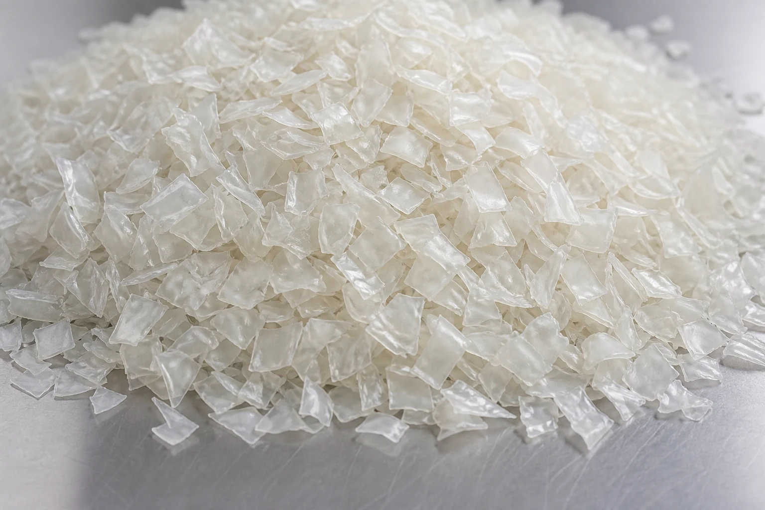 Heap of natural translucent regrind flake, the colour grade that sells into any application