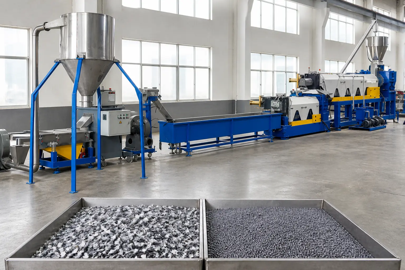 Regrind flake and finished pellets side by side in front of a pelletizing line at BKL-MACHINE