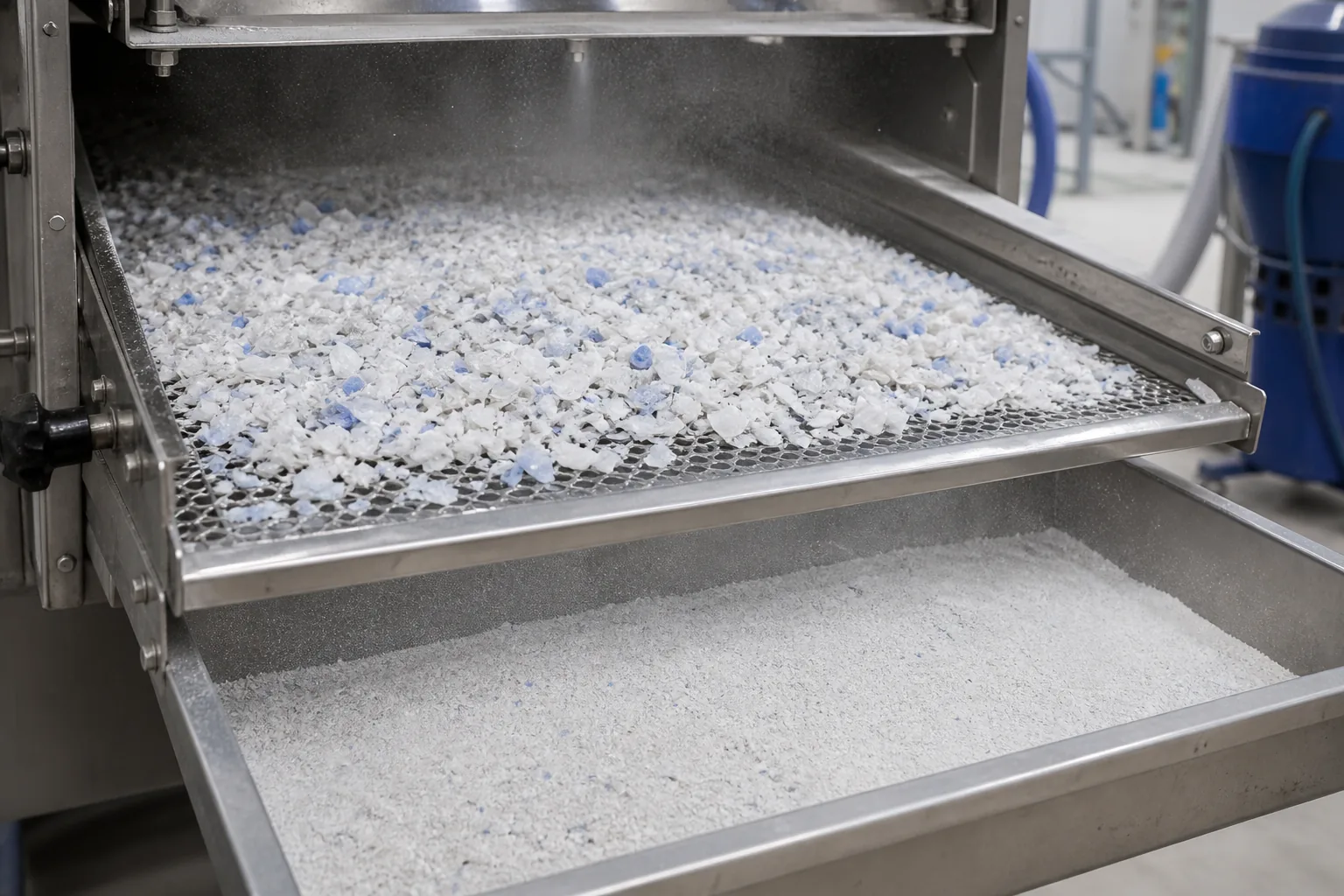 Vibrating screen deck separating fine dust out of white regrind flake at BKL-MACHINE