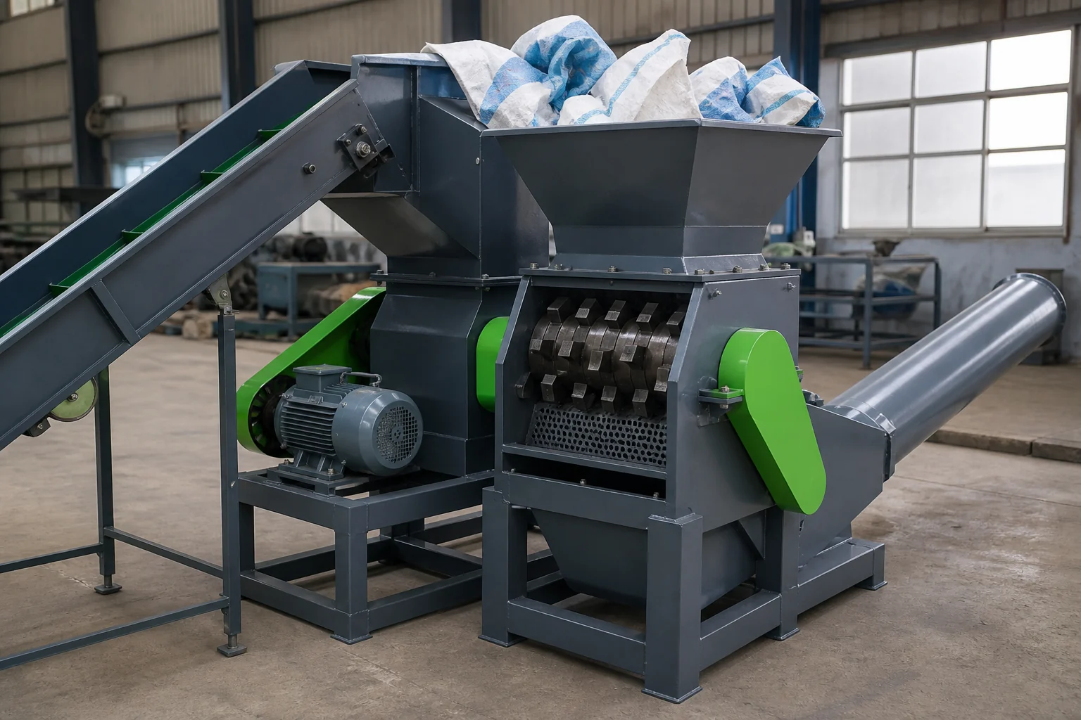 Raffia bag crushing stage cutting woven PP tape to limit loose filament at BKL-MACHINE