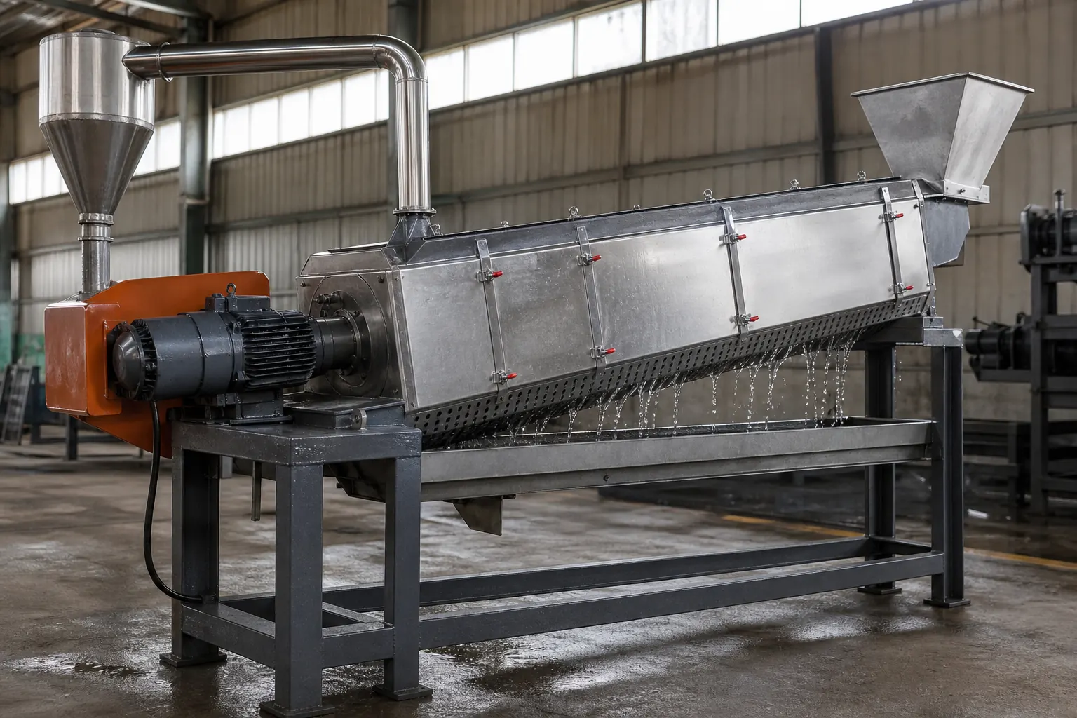 High speed friction washer with screw conveyor removing surface dirt and loose fluff from cut woven PP at BKL-MACHINE