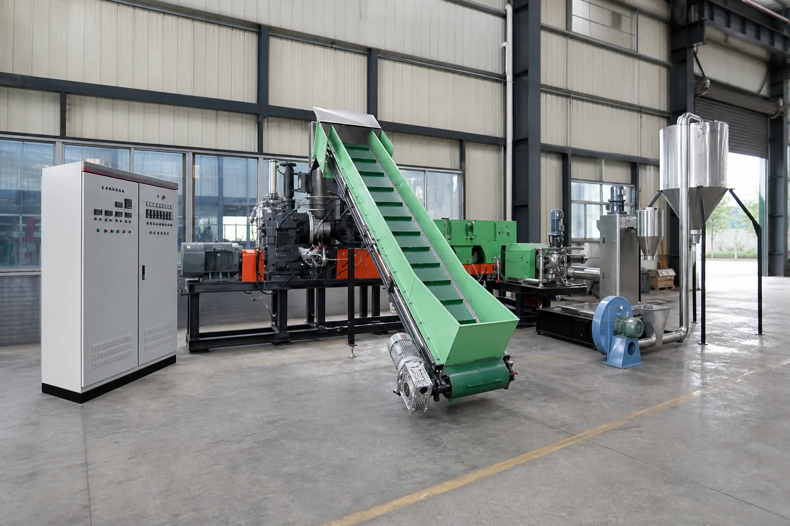 Compactor fed pelletizing line producing recycled pellets from cut PP woven bags at BKL-MACHINE