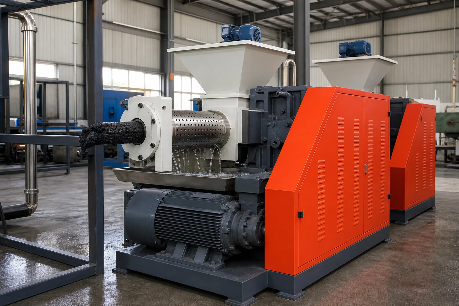 Horizontal squeezer pressing water out of washed polypropylene raffia at BKL-MACHINE