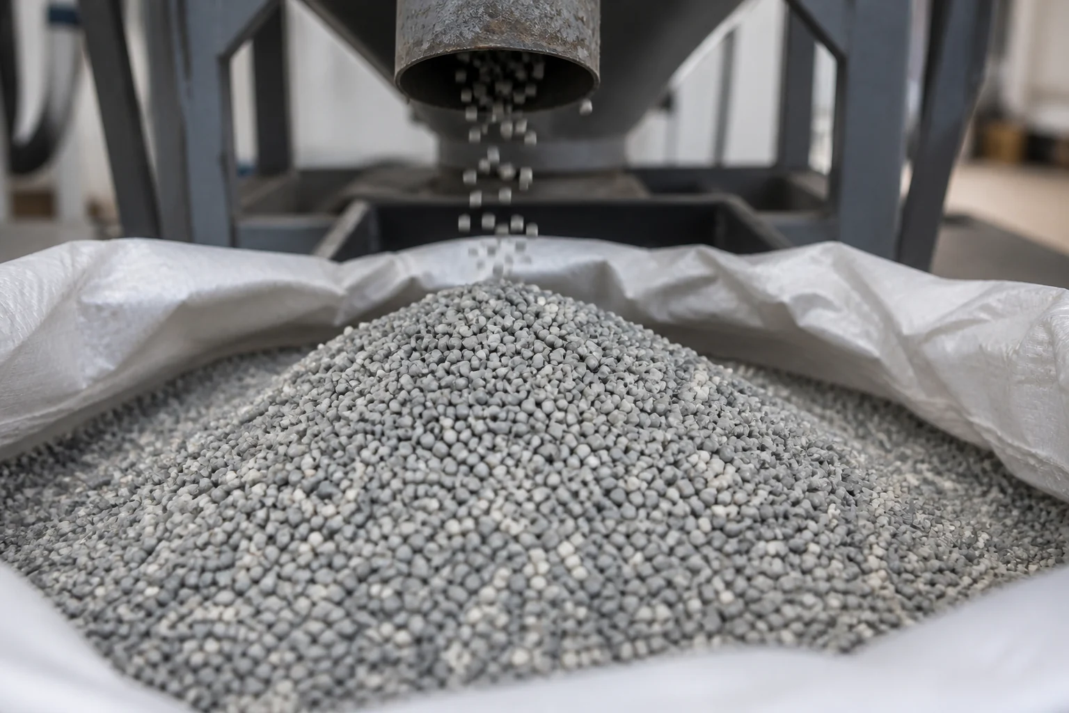 Recycled polypropylene pellets falling from the outfeed chute into a woven bag at BKL-MACHINE