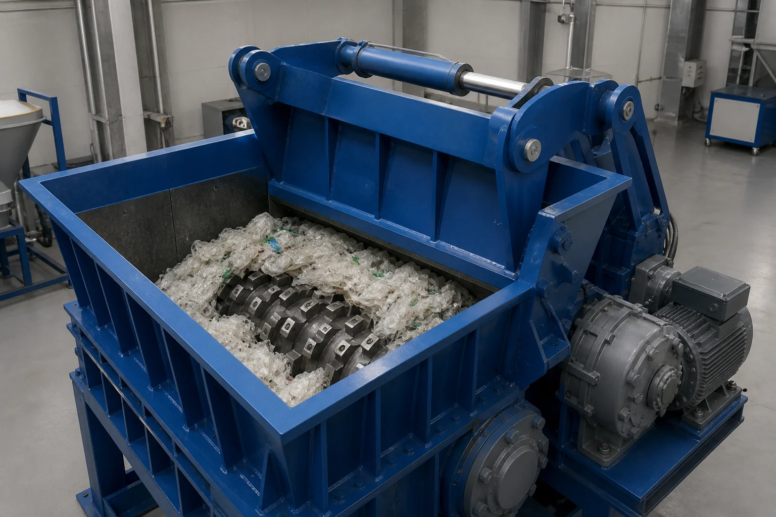 YPS swing arm single shaft shredder with the pivoting arm pressing film onto the rotor at BKL-MACHINE