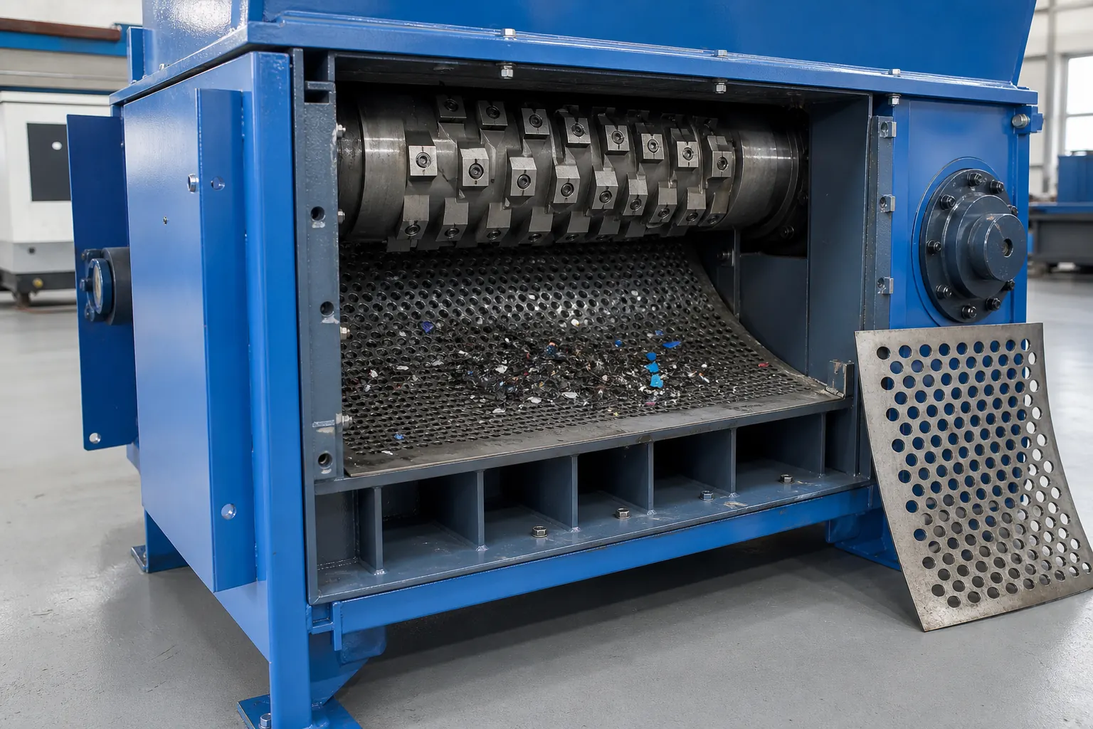 Single shaft shredder with a screen fitted under the rotor to control output size by BKL-MACHINE