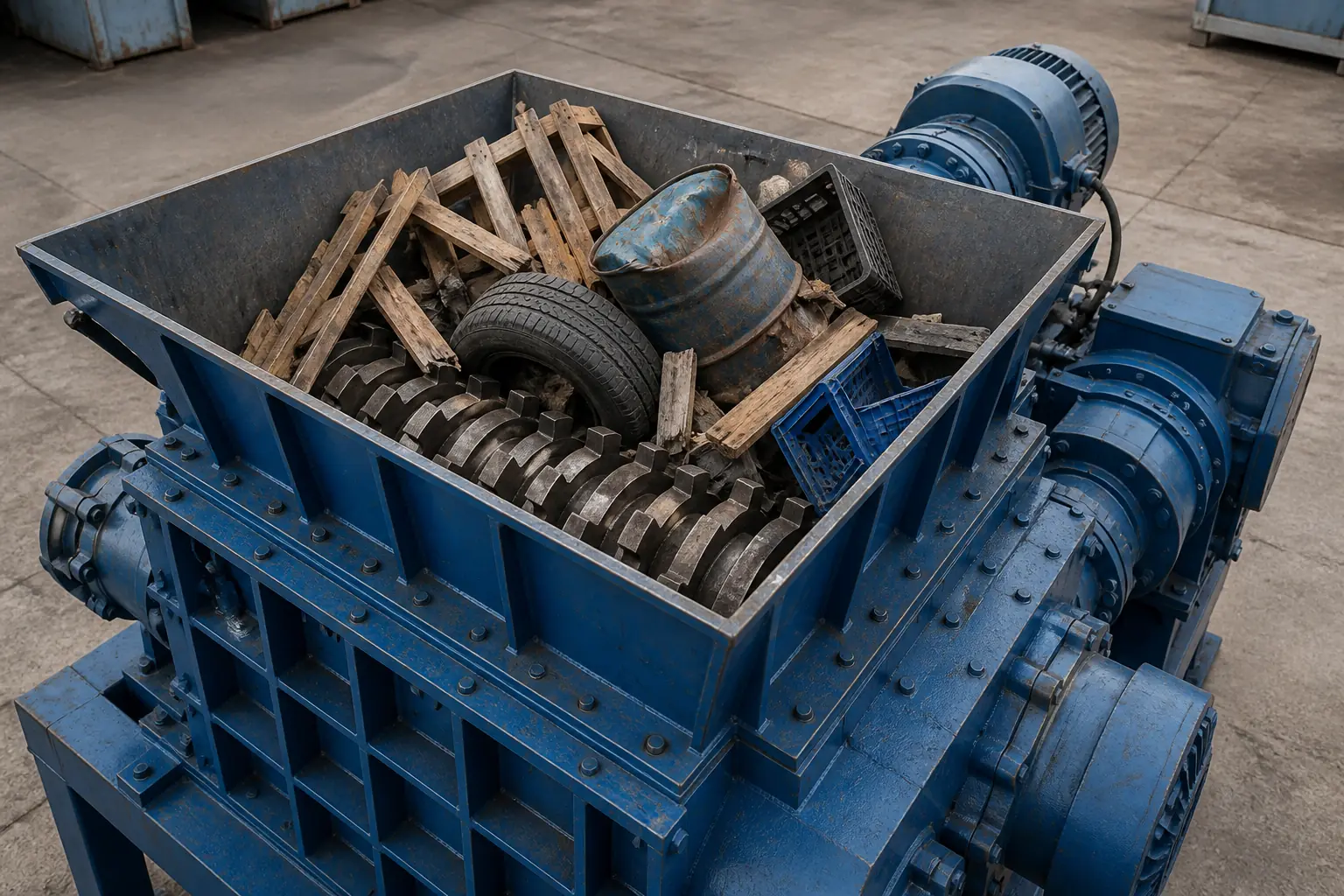Twin shaft shredder handling wood tyre and metal scrap alongside plastic waste by BKL-MACHINE