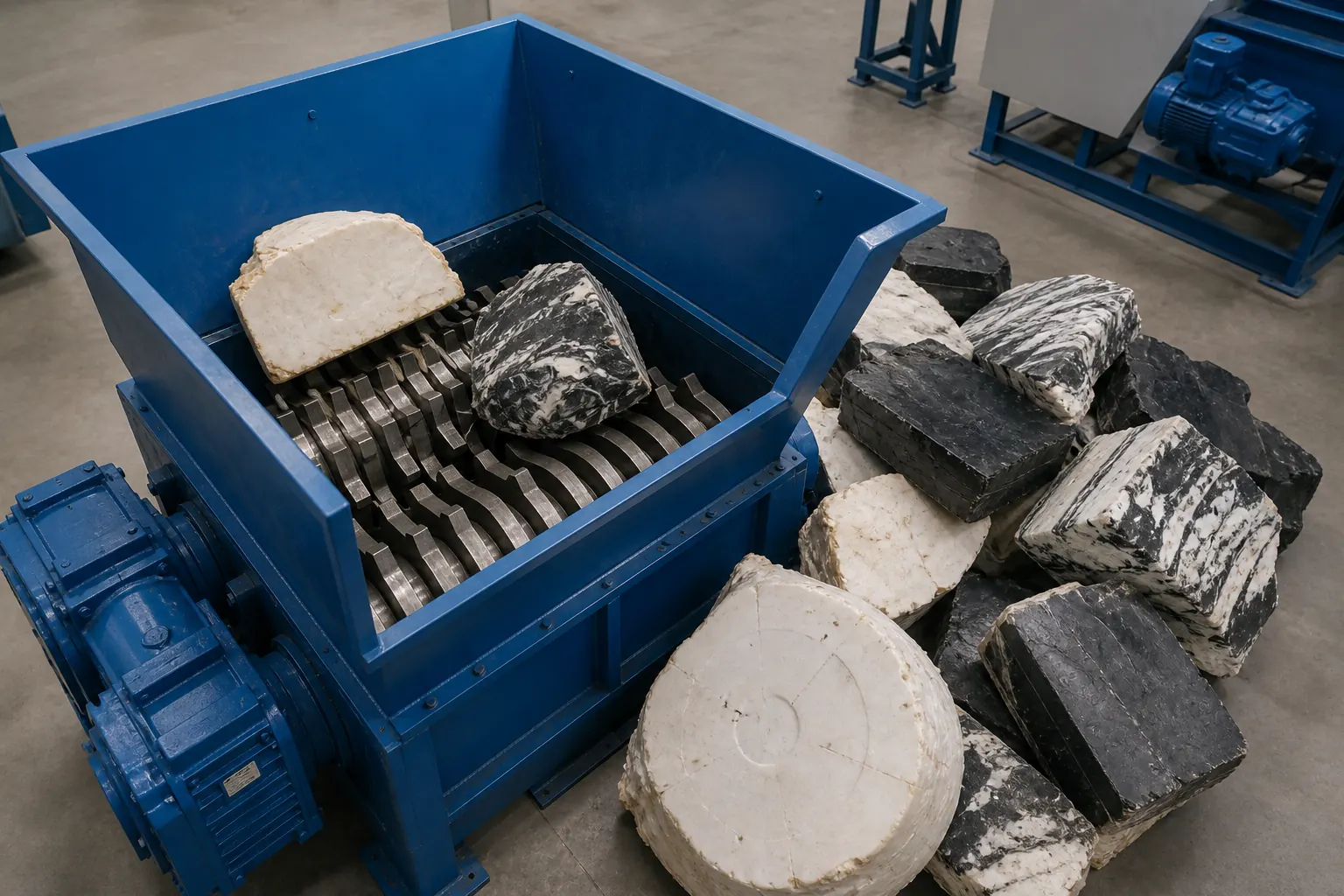Oversized purging lumps loaded into a single shaft shredder throat at BKL-MACHINE