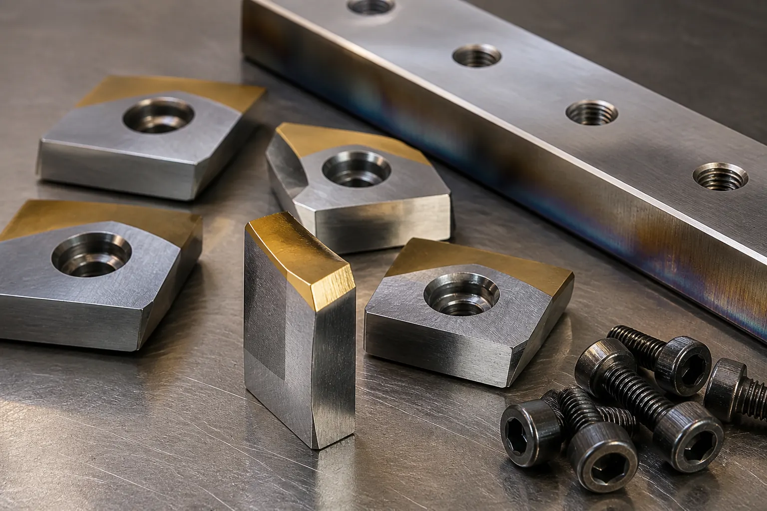 Hardened shredder cutter blades and mounting bolts laid out on a steel surface at BKL-MACHINE