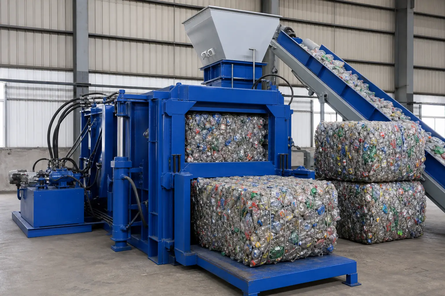 Horizontal baler compressing loose PET bottles into a transport bale at BKL-MACHINE