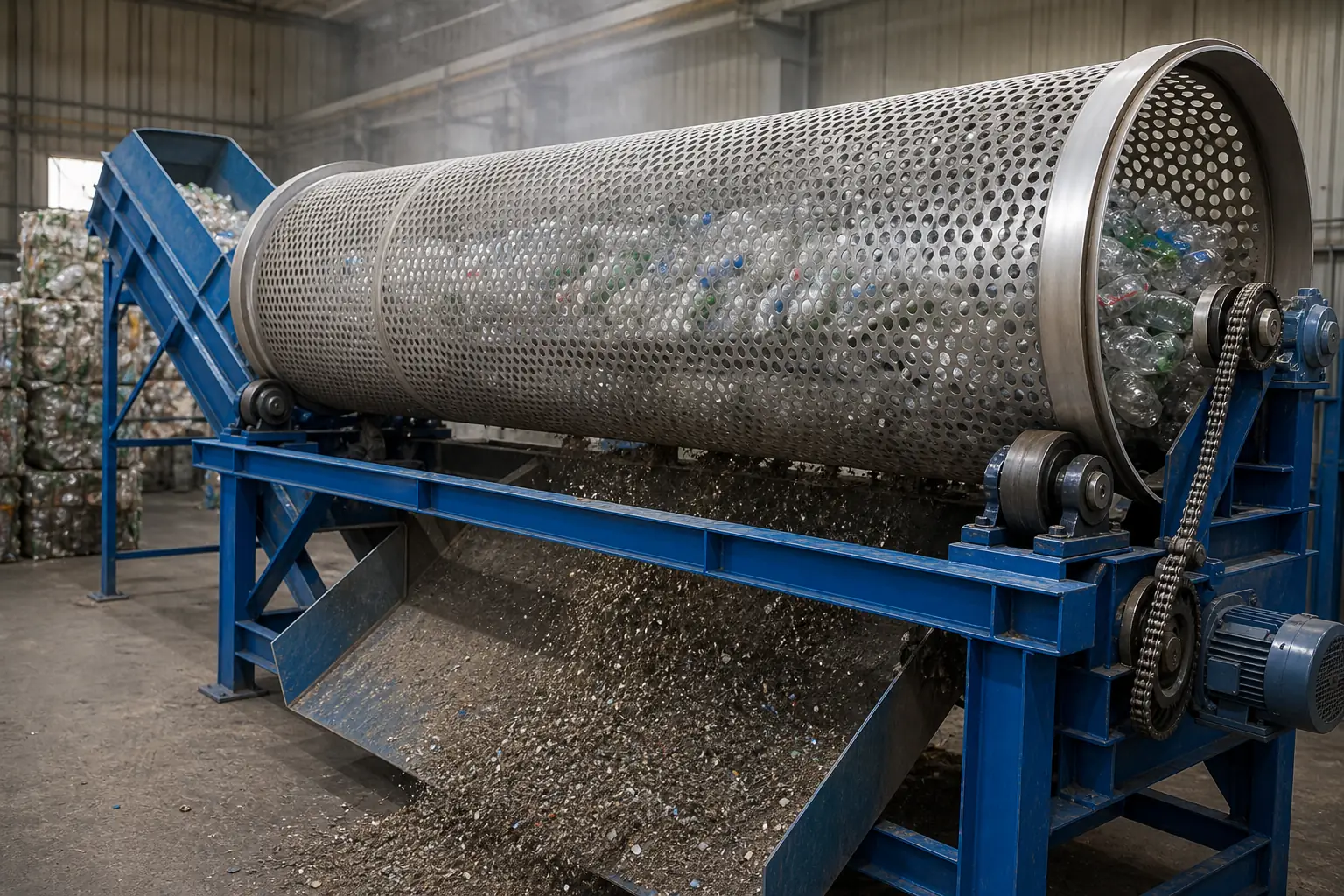 Rotary trommel screen separating stones and grit from opened bales by BKL-MACHINE
