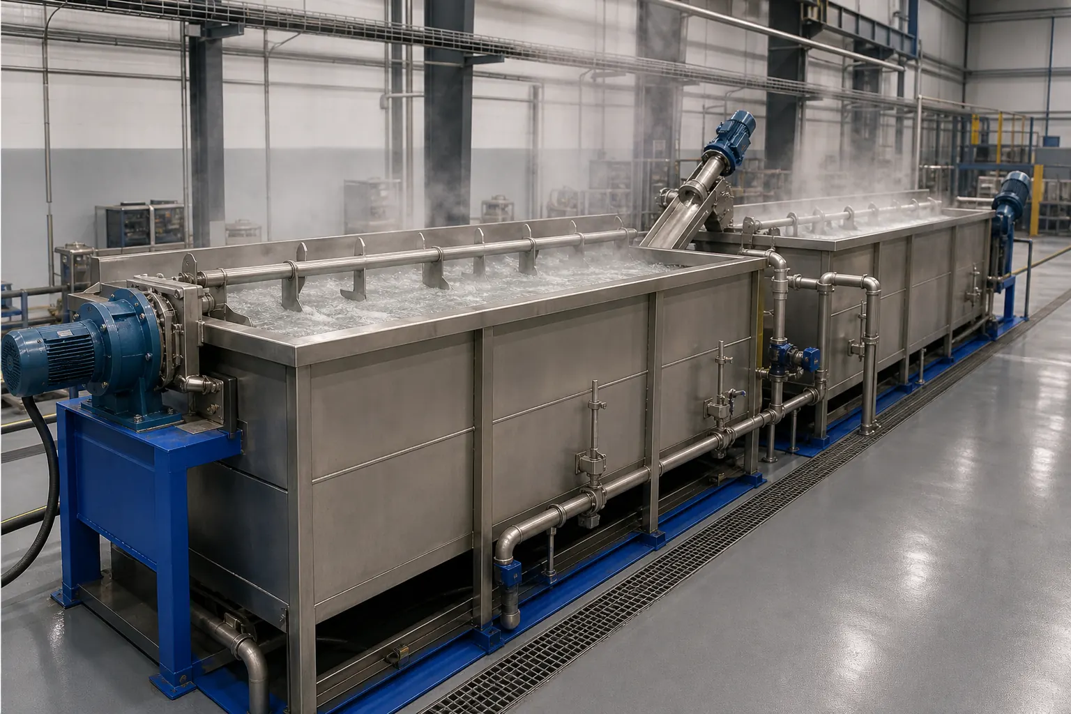 Stainless steel hot washing tanks running in series on a PET bottle line by BKL-MACHINE