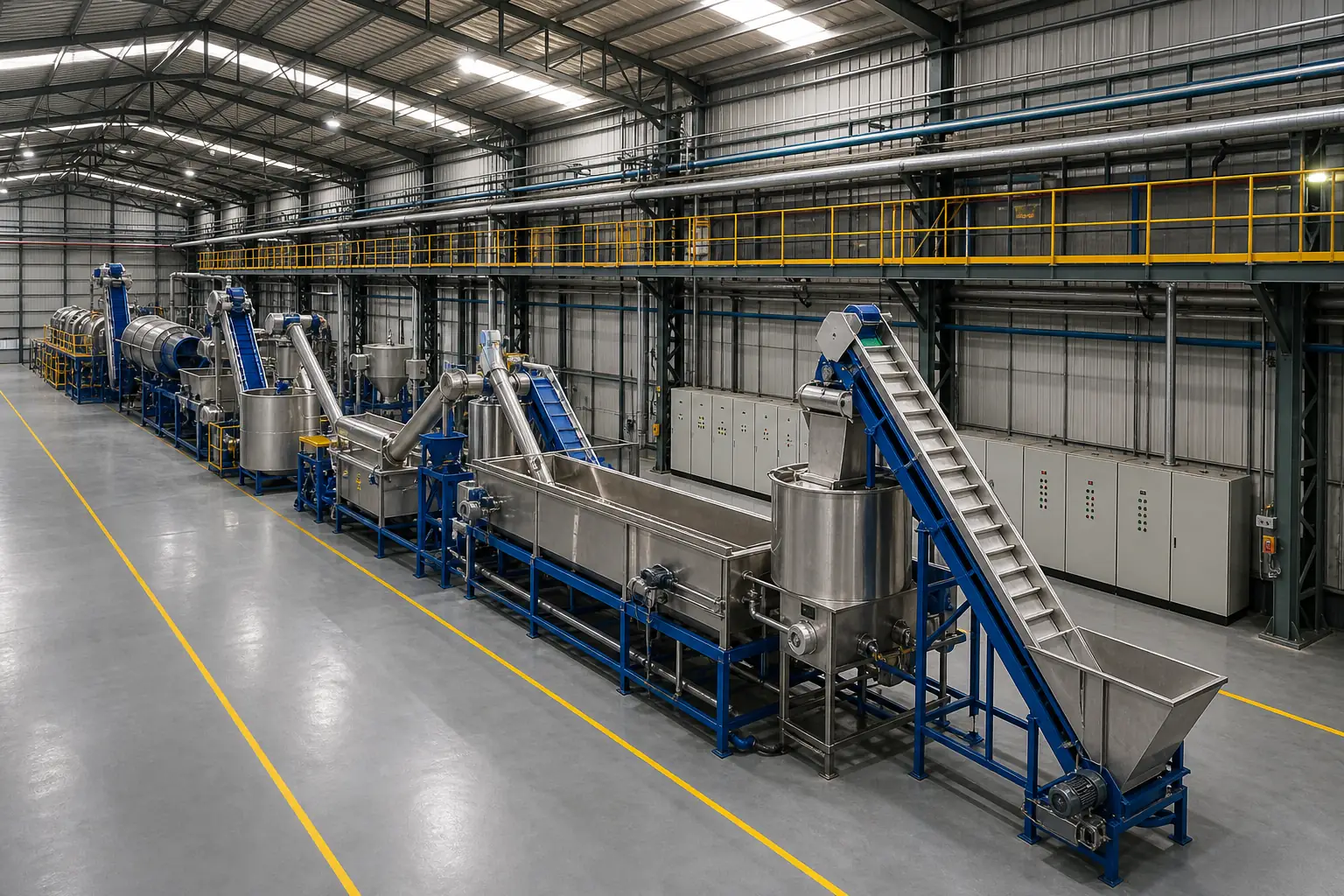 Installed plastic recycling line filling a customer workshop bay with conveyors and tanks