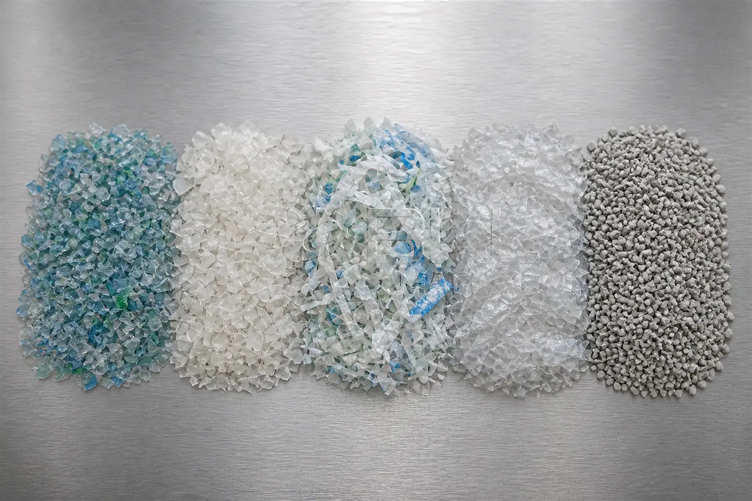 Five recycled output samples in a row, from coloured PET flake through clear flake to grey pellets, produced at BKL-MACHINE