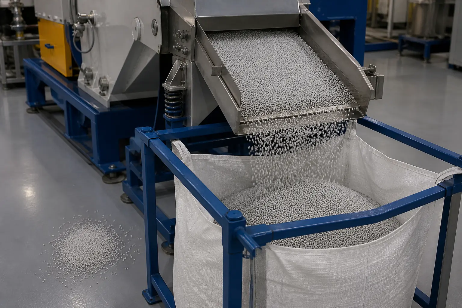 Recycled pellets discharging from a granulating line ready for bagging at BKL-MACHINE