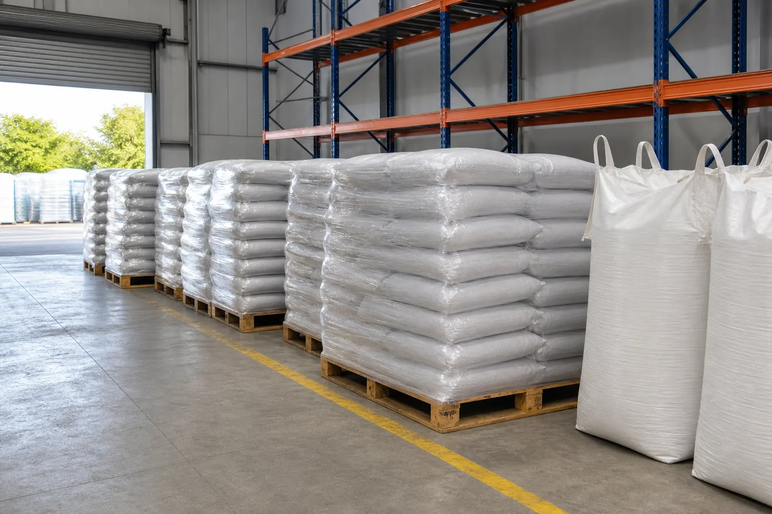 Pallets of bagged recycled material and big bags stacked ready for despatch at BKL-MACHINE