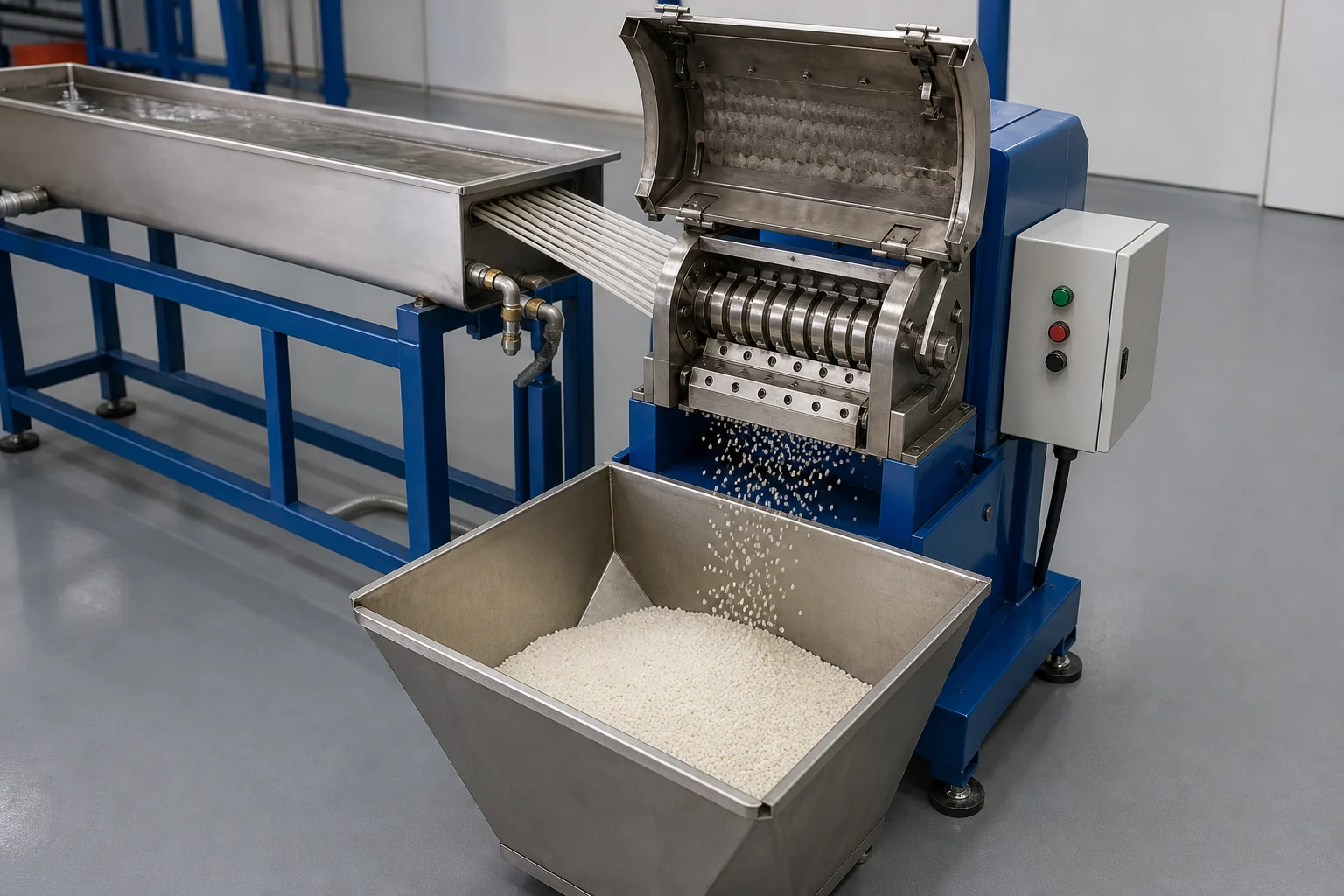 Granulator discharging washed white flake into the collection tray at BKL-MACHINE