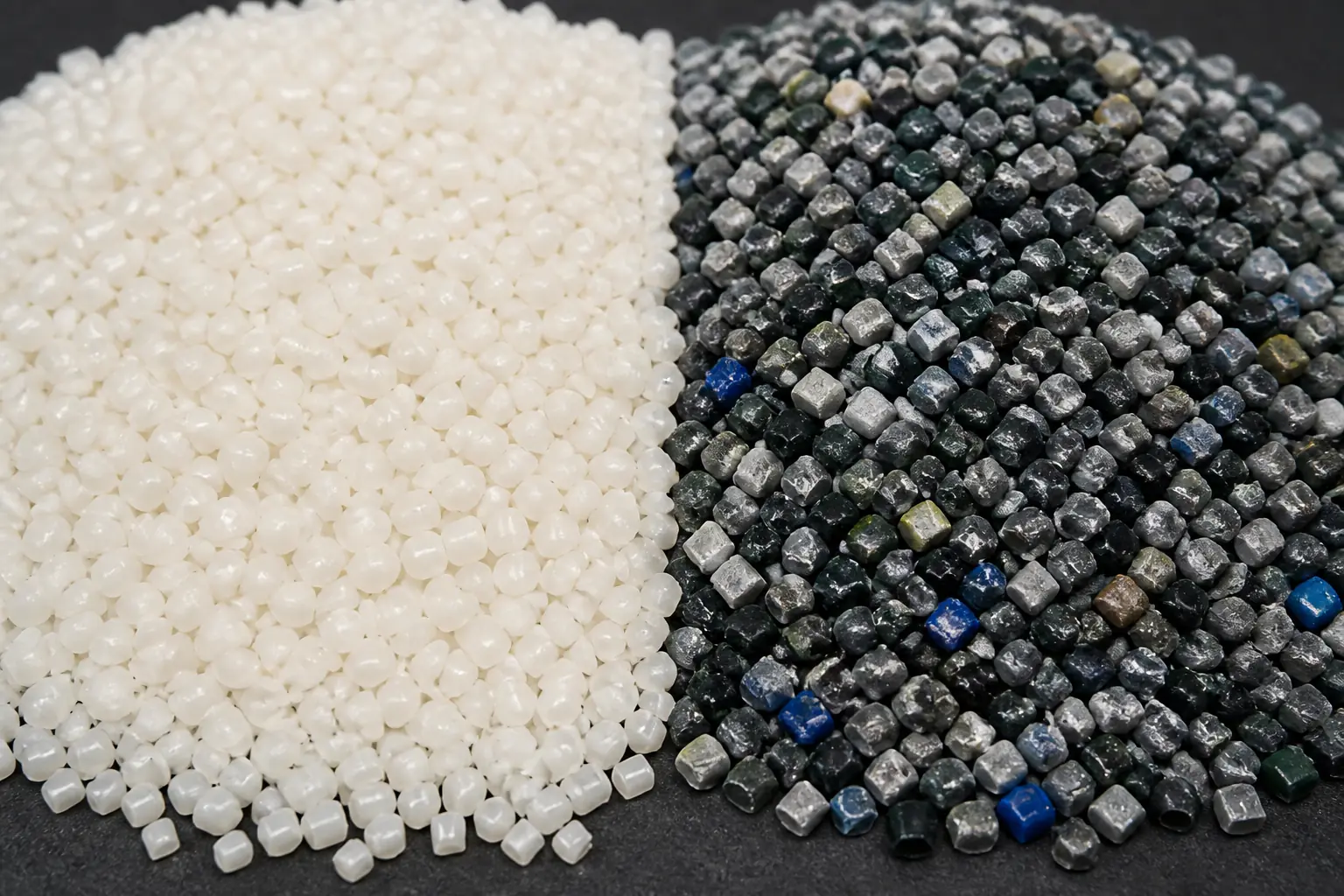 Natural pellets beside mixed-colour pellets, the grade difference that sets the price